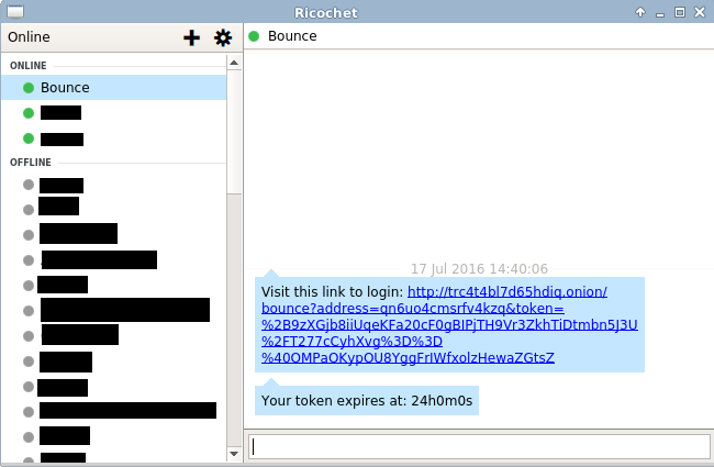 An screenshot of bounce is action. The authentication link is shown which when clicked signs the user into the demo site.